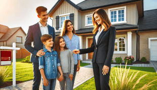 Happy family receiving keys from real estate agent outside new home