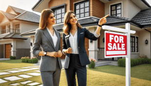 Real estate agents showing home for sale sign